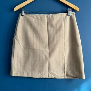 Vintage 90s Pinstripe Mini Skirt Women's Size 9 Tan Cream Slit Retro Hipster